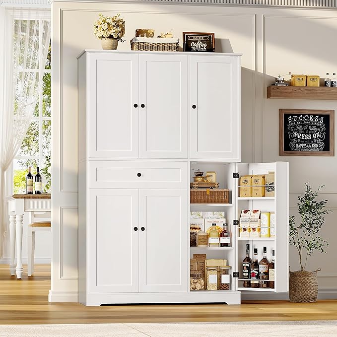 HOSTACK 68" Tall Kitchen Pantry Storage Cabinet, Modern Kitchen Hutch Cabinet with Doors and Shelves, Freestanding Food Pantry with Large Storage Drawer for Dining Room, Living Room, White