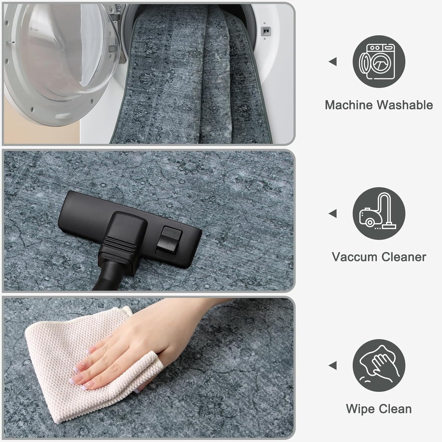 Vintage Rug Runners for Hallways Non Slip, 2.6x10 Stain Resistant Washable Runner Rug for Kitchen, Ultra-Thin Soft Carpet for Bedroom Bathroom (2'6"x10', Dark Grey)