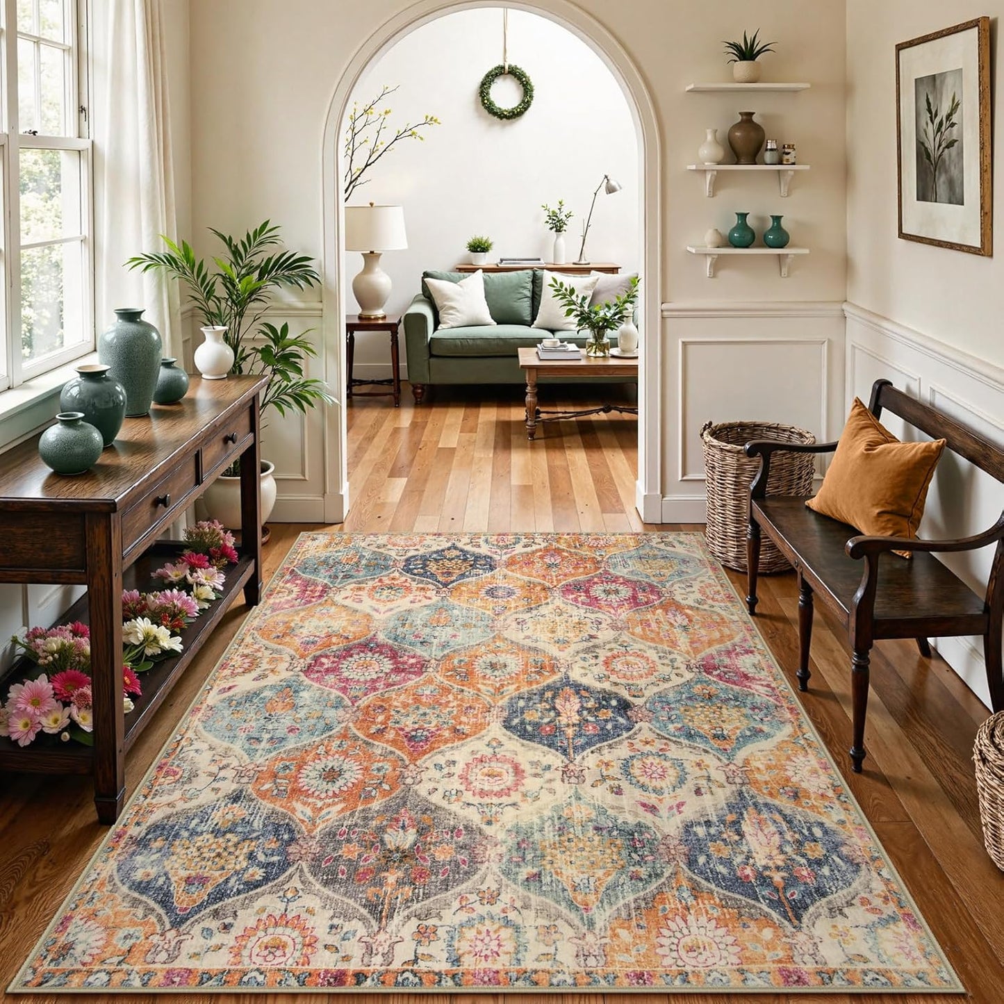 Lahome Moroccan Machine Washable Rugs for Living Room, 4x6 Rug for Bedroom Non-Slip Vintage Trellis Ultra-Thin Throw Carpet for Dining Room Office Nursery, Cream/Multi