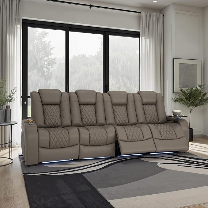 Seatcraft Diamante Zero-Gravity CoolZero Italian Leather Home Theater Seating, Power Headrest, Power Recline, Row of 4 Sofa, Gray