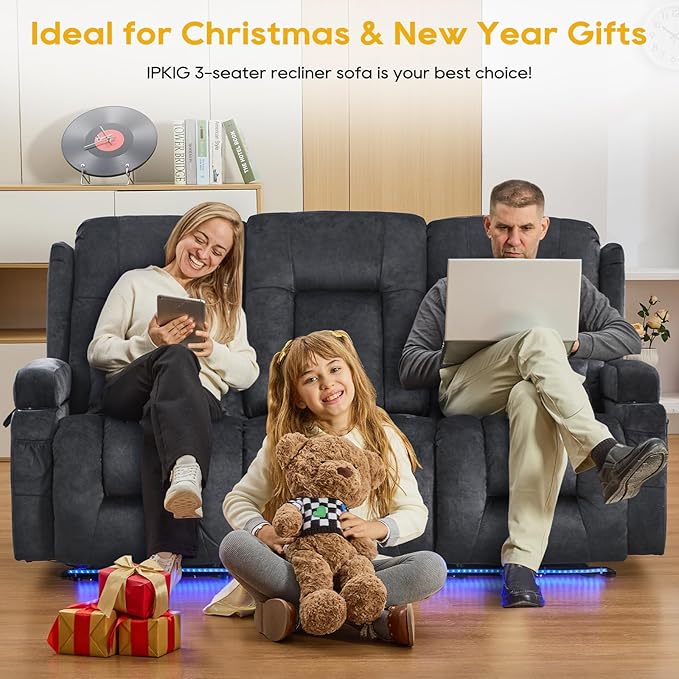 IPKIG 76" Power Reclining Sofa, Electric Home Theater Seating with Flipped Middle Backrest/LED Lighting/USB Ports/Built-in Outlets, Dual Recliner Sofa 3 Seater for Living Room RV (Grey)