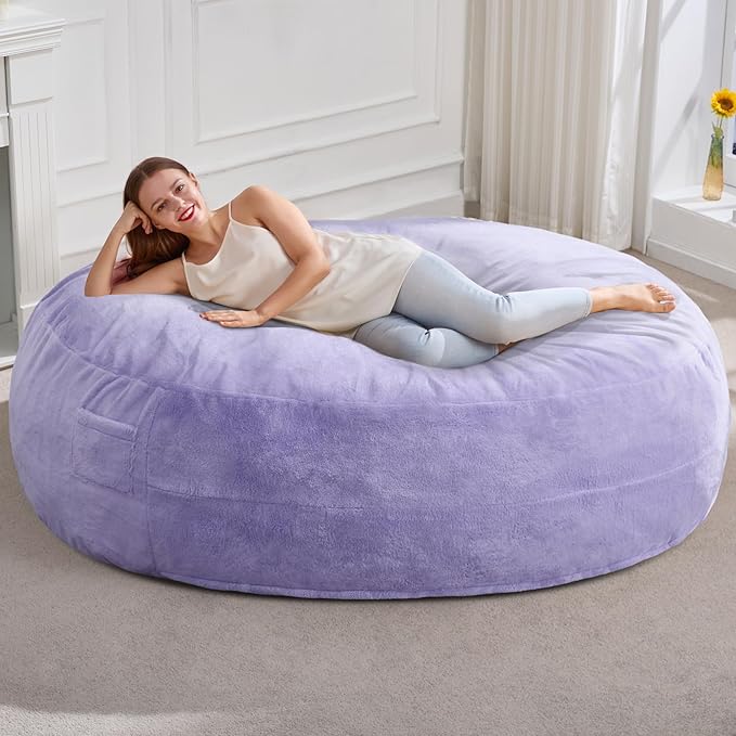 Hobestluk 6ft Bean Bag Chairs for Adults Large Beanbag Chair with Plush Faux Fur Cover Big Bean Bag Chair for Living Room Bedroom Dorm Office - Purple (70" x 70" x 15")