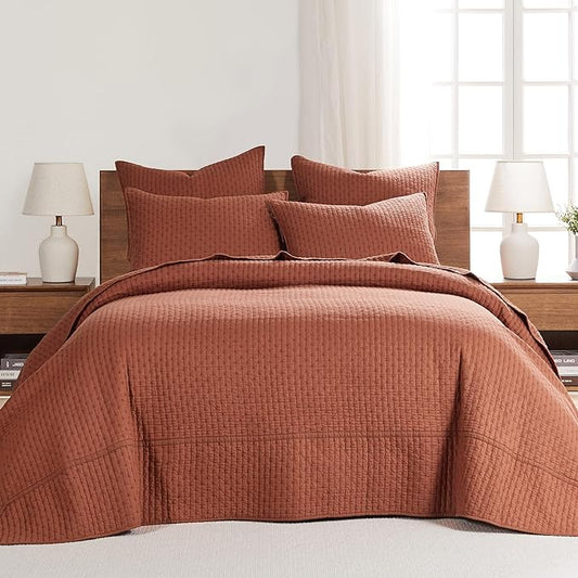 Levtex Home Cross Stitch Reversible Twin Bedspread Set (84x104in) with 1 Pillow Sham (26x20in) - Stitch Texture - Adobe - Cotton Twin Size Bedspread Set - Lightweight, Soft, Pre-Washed
