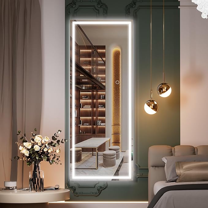 Hasipu LED Door Mirror Full Length, 44" x 15.8" Lighted Over The Door Hanging, Full Body Wall Mounted, Light Up Long Dressing, Square White