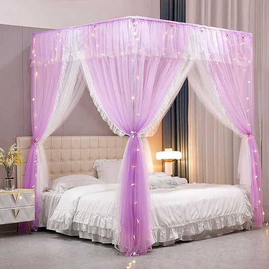 VETHIN 4 Corners Post Ruffle Princess Bed Canopy Curtain-Double Layer Cozy Drape Netting 4 Opening Mosquito Net for Girls Adults Bedroom Decoration (Double-Purple, 47" W*78" L*82" H/Twin)