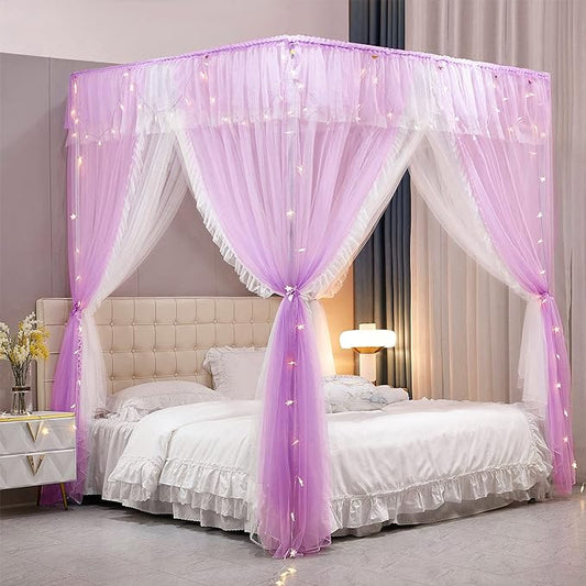 VETHIN 4 Corners Post Ruffle Princess Bed Canopy Curtain-Double Layer Cozy Drape Netting 4 Opening Mosquito Net for Girls Adults Bedroom Decoration (Double-Purple, 78" W*86" L*82"*H/(King))