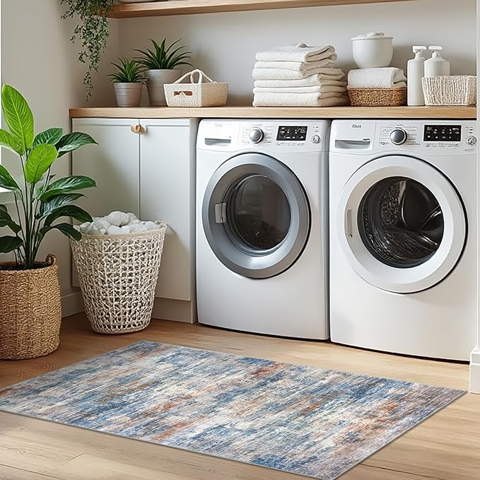 IOHOUZE Abstract Runner Rug 2x5 Ft Washable Runners for Hallways, Non Slip Kitchen Runner Printed Faux Wool Entryway Runner Indoor, Modern Abstract Floor Carpet for Hall Bedroom, Blue Rust