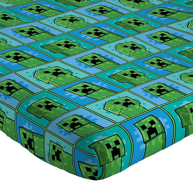 Jay Franco Kids Sheet Set with Fitted, Flat Sheets & Pillow Cover - Ultra-Soft Bedding with Pillowcase for Room Decor, Blue - Minecraft Creeper, 4 Piece Full
