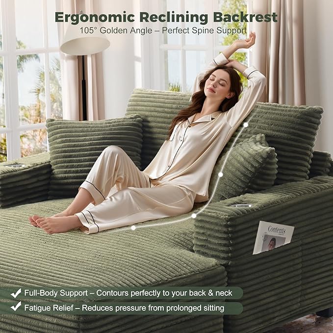 HUSFU Chaise Lounge Chair Indoor, 60'' Oversized Sleeper Sofa, Chaise Lounge Reading Chairs for w/Cup Holder and USB&Type C Port, Fluffy Plush Cloud Sofas Couches for Living Room,Set of 2,Green