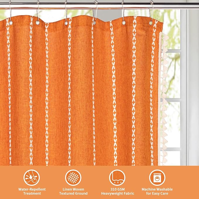 MitoVilla Boho Extra Long Shower Curtain 72 x 84, Orange 84 inch XL Polyester Linen Tassel Fabric Shower Curtain Set with Hooks for Vintage Country Farmhouse Bathroom Decor, Thick & Wrinkle Resistant