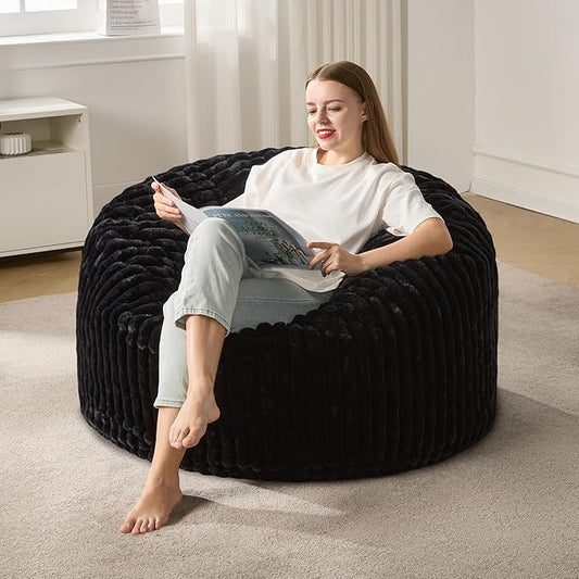 Hobestluk 3ft Bean Bag Chairs for Adults Large Beanbag Chair with Stripe Plush Cover Big Bean Bag Chair for Living Room Bedroom Dorm Office - Black (36” x 36” x 22”)