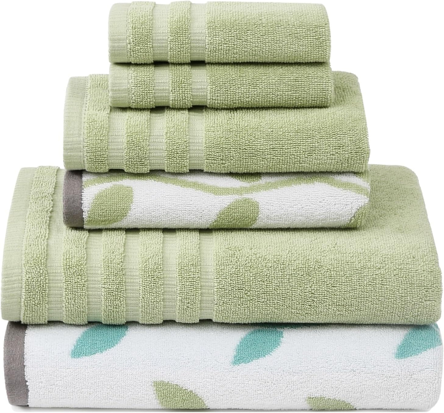 Modern Threads Organic Vines 6-Piece 100% Cotton Towel Set – Yarn Dyed Jacquard & Solid – Includes 2 Bath Towels, 2 Hand Towels, 2 Washcloths – Absorbent, Quick Dry, Soft & Durable – Sage Green