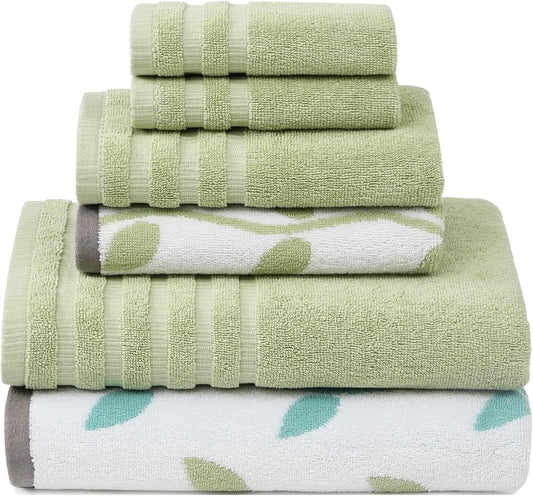Modern Threads Organic Vines 6-Piece 100% Cotton Towel Set – Yarn Dyed Jacquard & Solid – Includes 2 Bath Towels, 2 Hand Towels, 2 Washcloths – Absorbent, Quick Dry, Soft & Durable – Sage Green