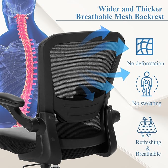 Ergonomic Office Chair 350lbs PU Leather Mesh Desk Chair with Lumbar Support, Flip-Up Arms, Swivel Wheels, Adjustable Height, Rolling Executive Computer Task Chair for Home Office,Black