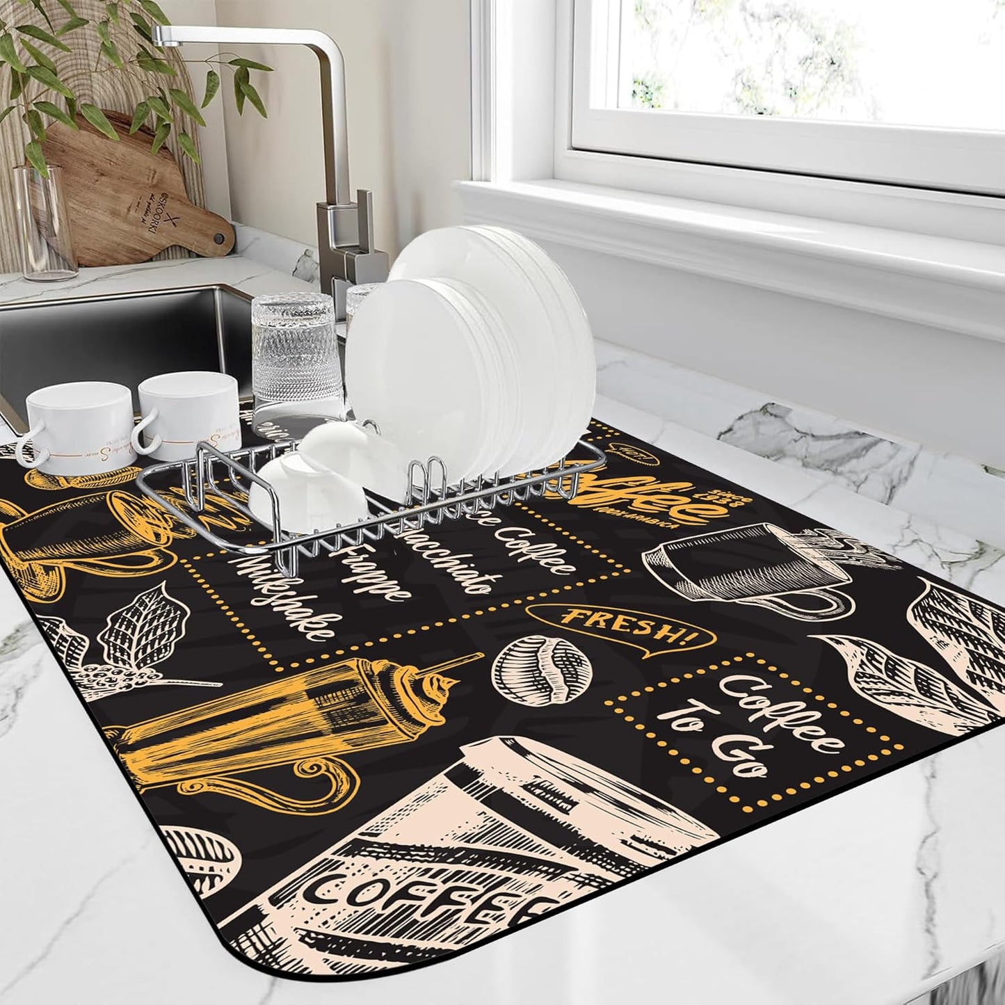 Vintage Coffee Poster Dish Drying Mat,16"X24" Absorbent Fast Dish Drying Mat for Kitchen Counter Pot and Pan, Kitchen Accessories