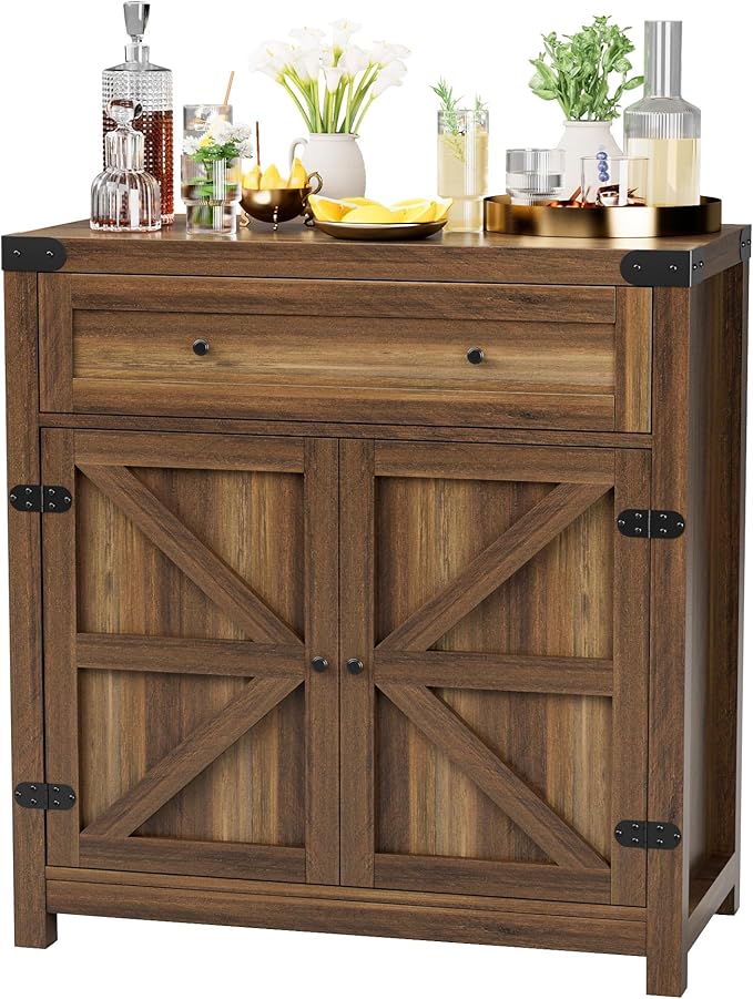 JUMMICO Coffee Bar Cabinet Farmhouse Kitchen Sideboard Buffet Cabinet with Drawer and Adjustable Shelf Barn Door Storage for Kitchen, Dining Room, Bathroom, Entryway (Brown)
