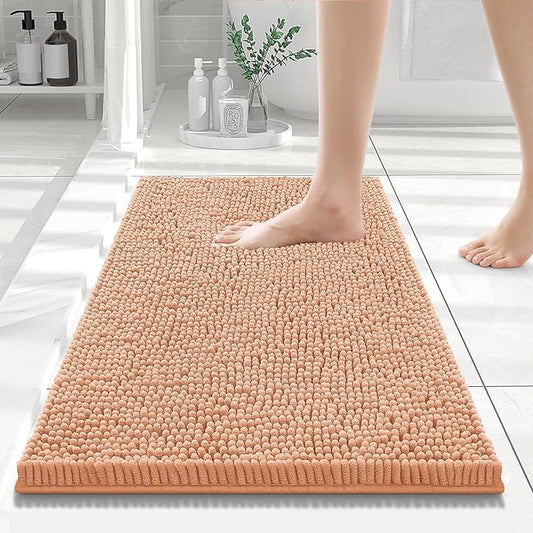 Smiry Luxury Chenille Bathroom Rugs 24x16, Extra Soft and Absorbent Shaggy Bath Mat, Machine Washable, Non-Slip Plush Carpet Runner for Tub, Shower, and Floor, Home Decor Accessories, Peach