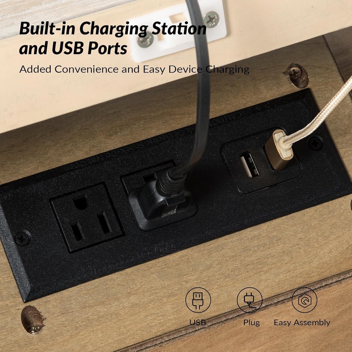 HULALA HOME Farmhouse 3 Drawer Nightstand with Tray, Drawer Organizer with Solid Wood Legs, Nightstand with Charging Station(Natural)