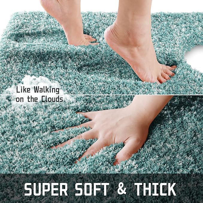 Yimobra Toilet Rugs U Shaped 24x20, Ultra Soft and Water Absorbent Bath Mats, Non Slip Fluffy Luxury Microfiber Contour Bath Rugs for Toilet, Dry Quick, Machine Washable, Teal and White
