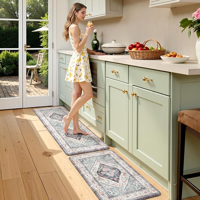 KIMODE Anti Fatigue Kitchen Mats,Boho Vintage Kitchen Rugs Sets of 2,Non Slip Waterproof Kitchen Floor Mats,Ergonomic Cushioned Comfort Standing Mat for Laundry,Office,Sink,Desk,Blue