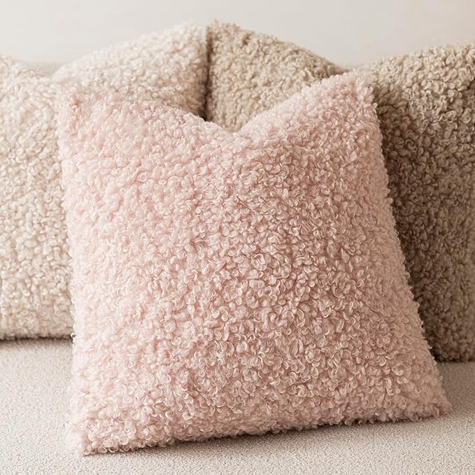 Foindtower Set of 2 Curly Teddy Wool Pillow Covers Decorative Boucle Textured Lumbar Throw Pillow Faux Fur Sherpa Pillowcases Sheepskin Fuzzy Cushion Case for Sofa Bedroom Car 12"x20" Light Pink