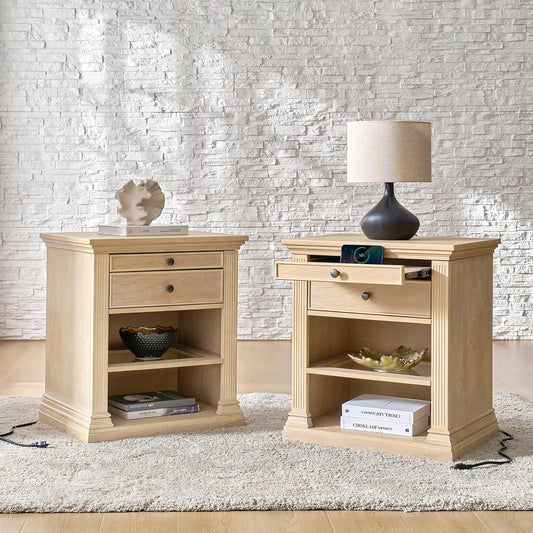 HULALA HOME Wood Nightstand with Tray and Storage Shelves, Traditional Design with Roman Column, End Table with Charging Station/LED, Natural