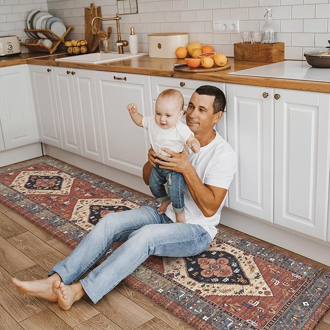 KIMODE Kitchen Mats Cushioned Anti Fatigue, Red Boho Vintage Kitchen Rugs 20"x71", Ergonomic Padded Kitchen Floor Mats, Non Slip Waterproof Standing Mats for Front of Sink Laundry Desk Bedroom