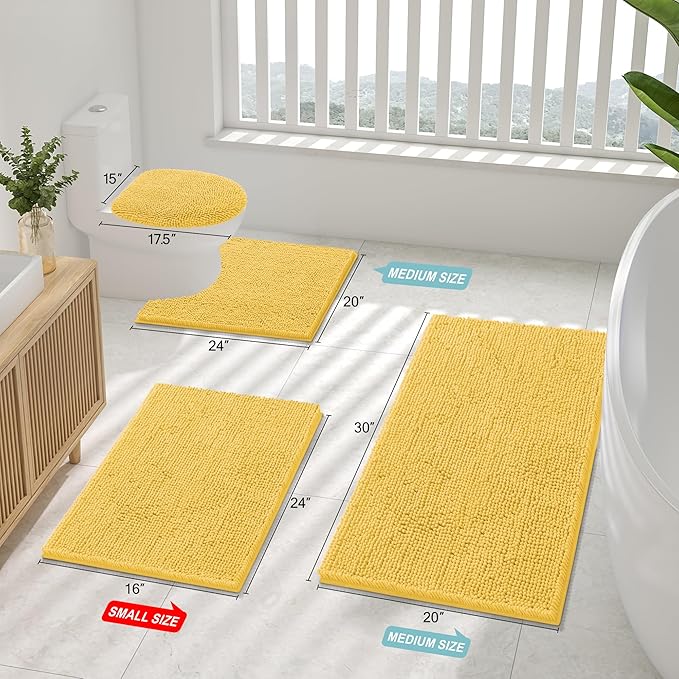 Smiry Luxury Chenille Bathroom Rugs 30x20, Extra Soft and Absorbent Shaggy Bath Mat, Machine Washable, Non-Slip Plush Carpet Runner for Tub, Shower, and Floor, Home Decor Accessories, Yellow