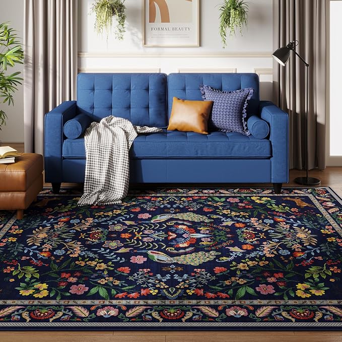 8x10 Area Rugs for Living Room Washable Rug Floral Non-Slip Large Rug for Living Room, Bedroom, Farmhouse, Dining Room, Kids Playroom(Blue)