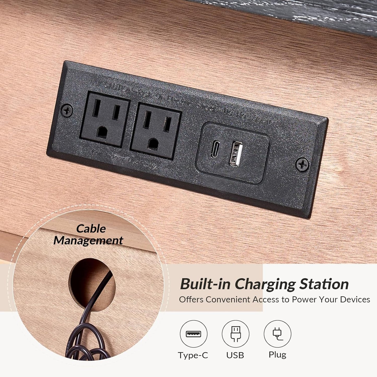 HULALA HOME 3-Drawer Nightstand with Charge Station, Farmhouse Nightstand with Solid Wood Legs, Set of 2(Black)