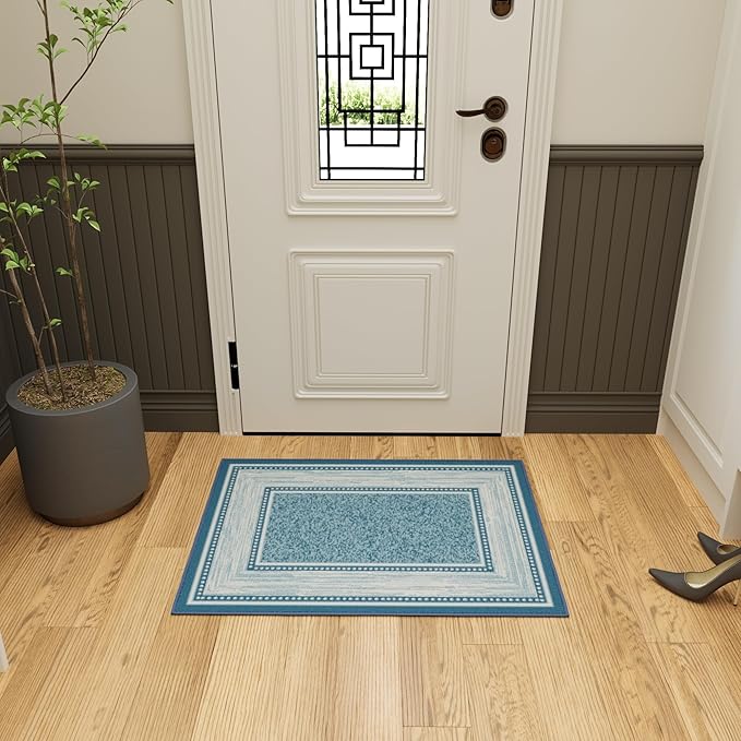 Ottomanson Rugs for Entryway 2'3" x 3' Non Slip Border Small Area Rugs Durable Front Door Mat Rug Stain Resistant Entrance Rugs for Bathroom Kitchen Bedroom & Living Room, Turquoise