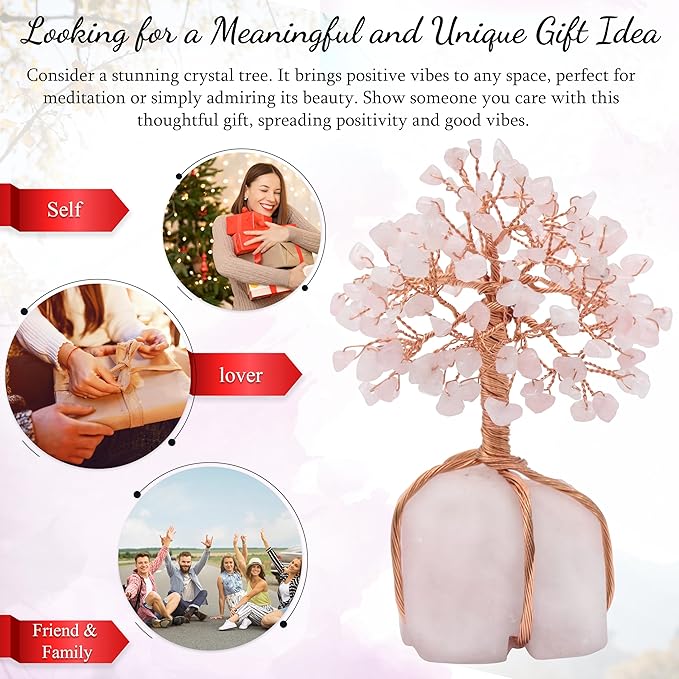 Rose Quartz Gemstone Tree of Life Natural Rose Quartz Stone Base, Copper Wire Money Tree, Crystal for Positive Energy Attract Good Luck, Chakra Feng Shui Decor, Spiritual Gift