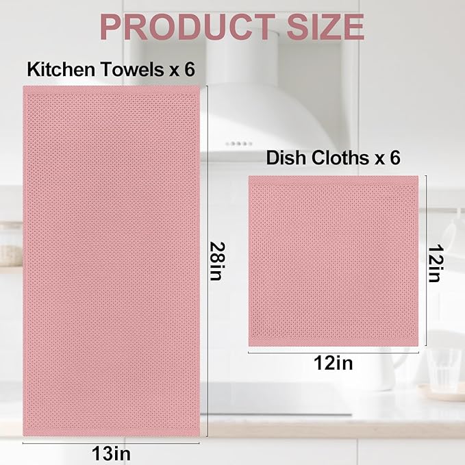 Homaxy 100% Cotton Kitchen Towels and Dishcloths Set, 12 x 12 Inches and 13 x 28 Inches, Set of 12 Bulk Kitchen Towels Set, Ultra Soft Absorbent Dish Cloths for Washing Dishes, Dried Rose
