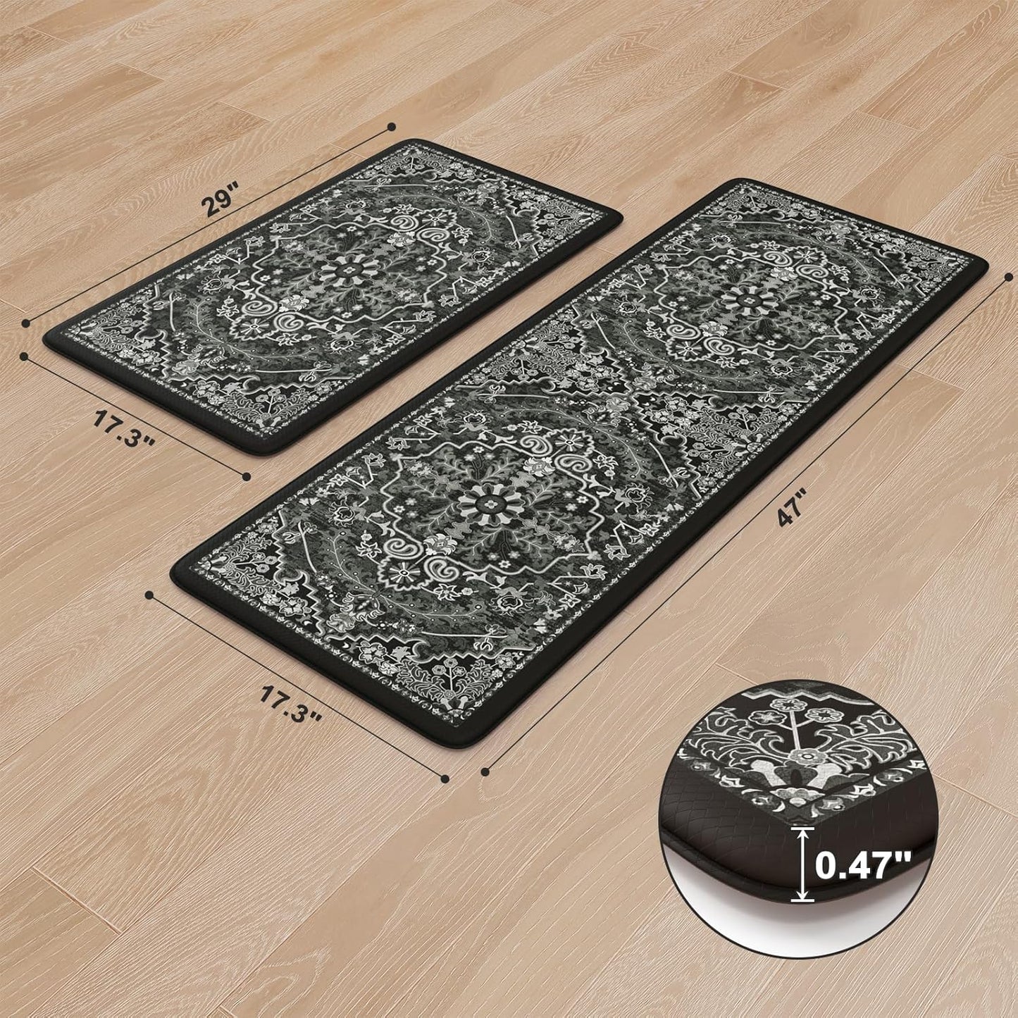 KIMODE Kitchen Mats Cushioned Anti Fatigue, Boho Vintage Kitchen Rugs Sets of 2, Non Slip Kitchen Mats for Floor, Memory Foam Kitchen Floor Mat for Sink Laundry Desk Black Multi 17"x47"+17"x29"