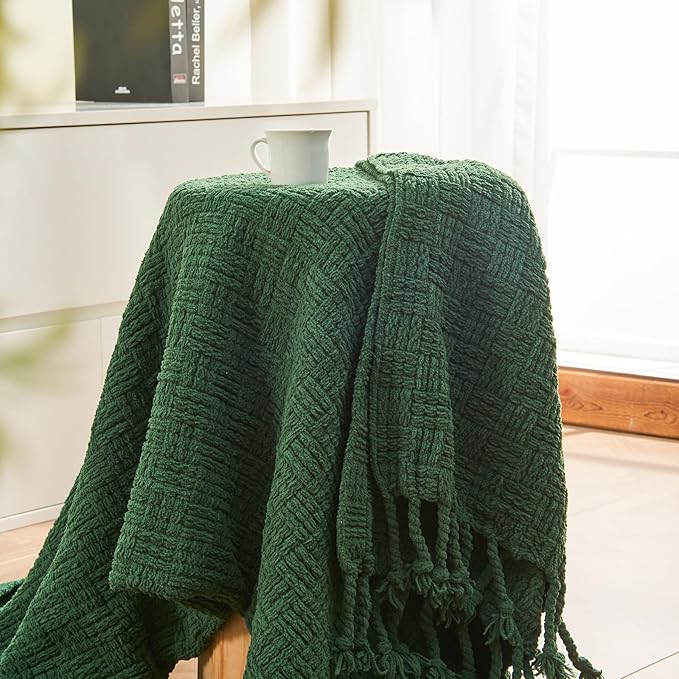 lifein Throw Blanket for Couch - Boho Throw Blanket, Knit Woven Blanket, Soft Decorative Blankets&Throws with Tassels for Bed,Sofa,Chair,Home Decor (Geen, 50 * 60, Waffle)