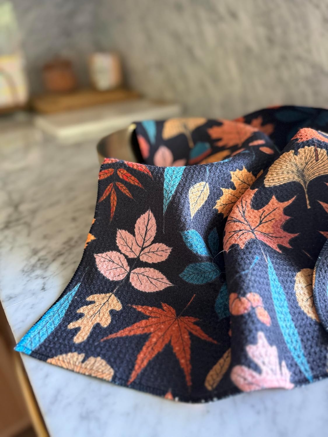 2 Pack || Double Sided|| Not Your Ordinary Kitchen Towels || Dish Towels || Quick Dry || Waffle Weave Microfiber || Designer Prints || Highly Absorbent || Hanging Hook (Fall Leaves Black)