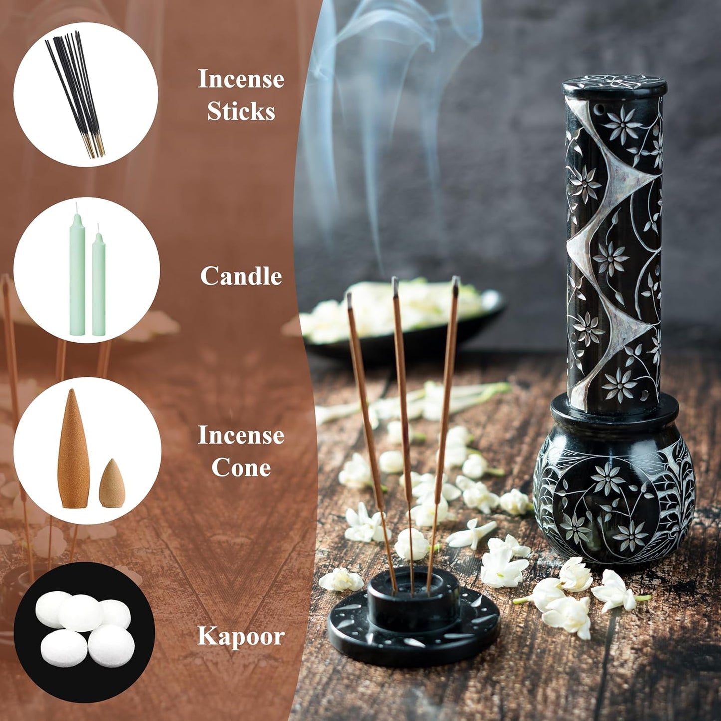 Crocon Black Marble Soapstone Incense Stick Burner Round Shape Flower & Leaf with Handi Design Tower Burner Candle Stick Holder Decorative Home & Kitchen 2.7x2.7x10 Inch