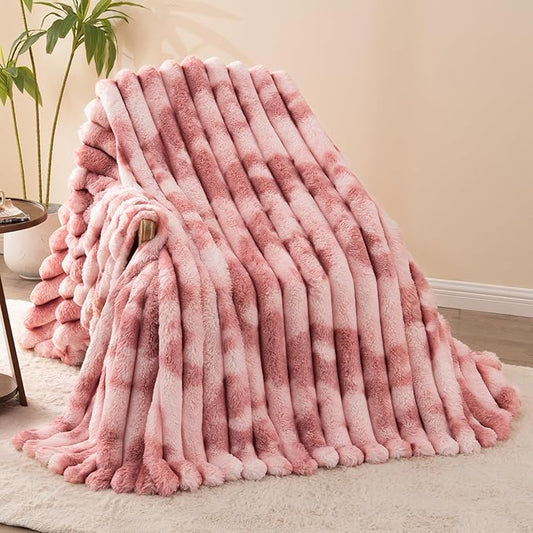 Throw Blanket for Couch - 50" x 60" Faux Rabbit Fur Throw Blanket Cozy Soft Warm Blankets for Bed Sofa Bedroom Living Room Fluffy Striped Blankets for Fall Winter, Home Decor, Pink