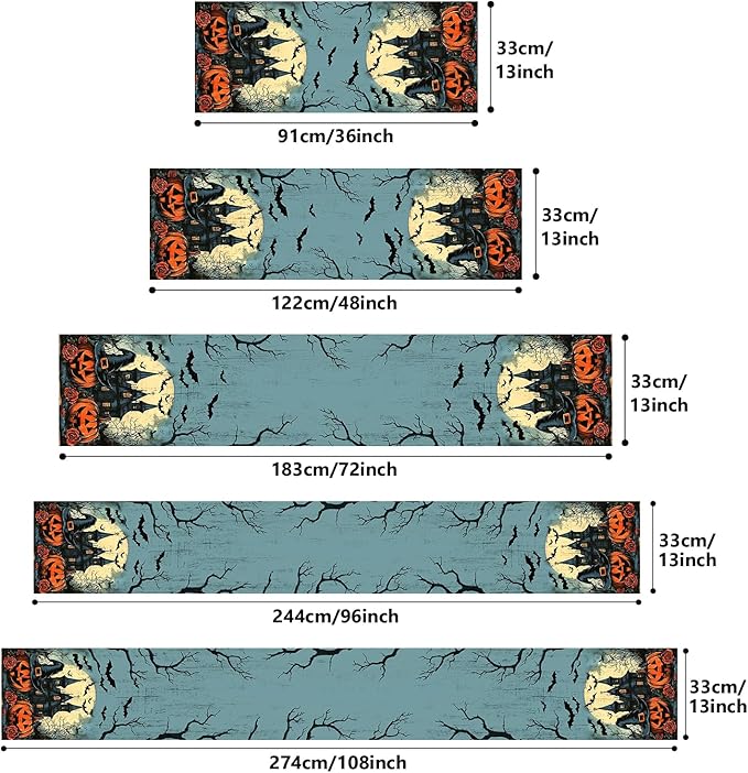 Halloween Table Runner with Haunted Castles, Bats & Pumpkins, Table Decoration for Dining Party and Home Decor,108x13 inches