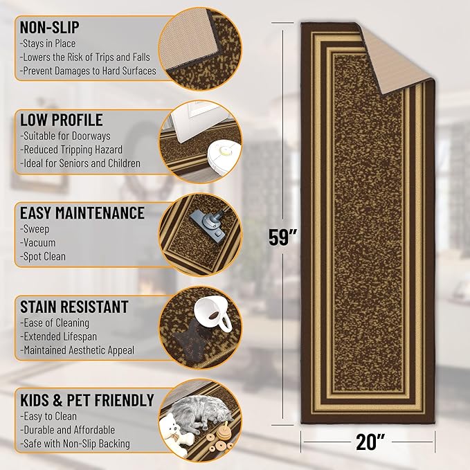 Ottomanson Hallway Runner Rug 20" x 59" Non Slip Border Area Rugs Easy to Clean Laundry Rug Runner Durable & Pet Friendly Floor Carpet Runners for Hallways Entryway Living Room Kitchen, Brown