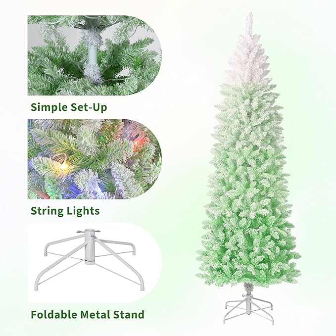 GarveeHome 6ft Snow Flocked Pencil Christmas Tree, Slim Artificial Christmas Tree with Sturdy Metal Stand, Skinny Xmas Tree Holiday Decoration for Home, Office, Green Gradient