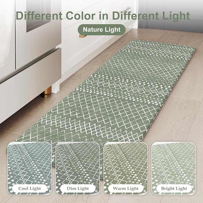 KIMODE Kitchen Anti Fatigue Mats, Green Farmhouse Kitchen Rugs Sets of 2, Memory Foam Kitchen Mats for Floor, Waterproof Standing Mat for Sink Laundry Office Desk 20"x47"+20"x32"