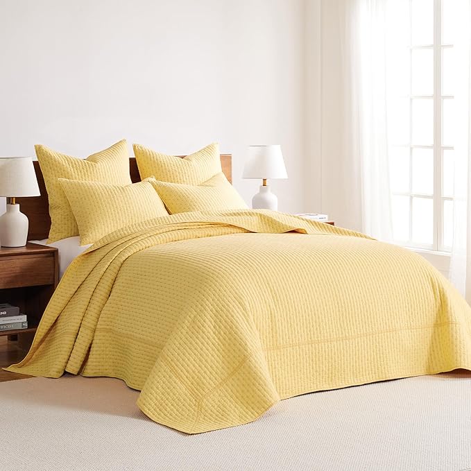 Levtex Home Cross Stitch Reversible Twin Bedspread Set (84x104in) with 1 Pillow Sham (26x20in) - Stitch Texture - Yellow - Cotton Twin Size Bedspread Set - Lightweight, Soft, Pre-Washed