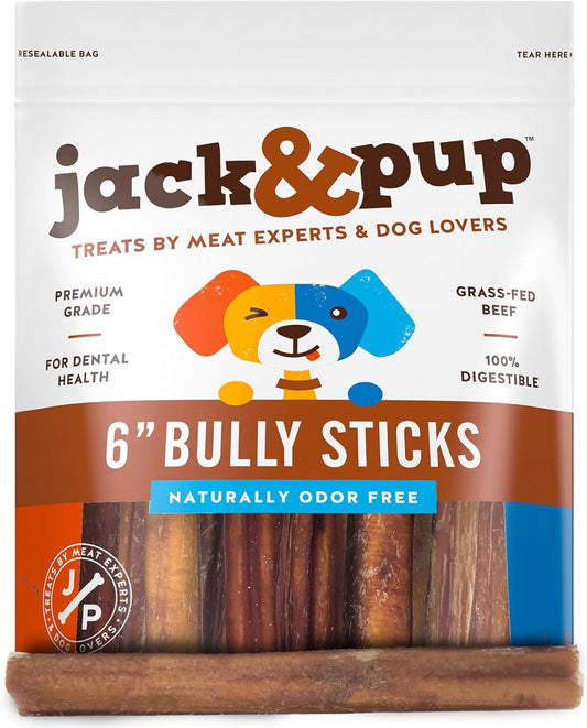 Jack&Pup 6" Bully Sticks for Dogs | Premium Odor Free Bully Sticks for Large Dogs | All Natural Beef Pizzle Sticks (6 Inch Standard, 12 Pack)