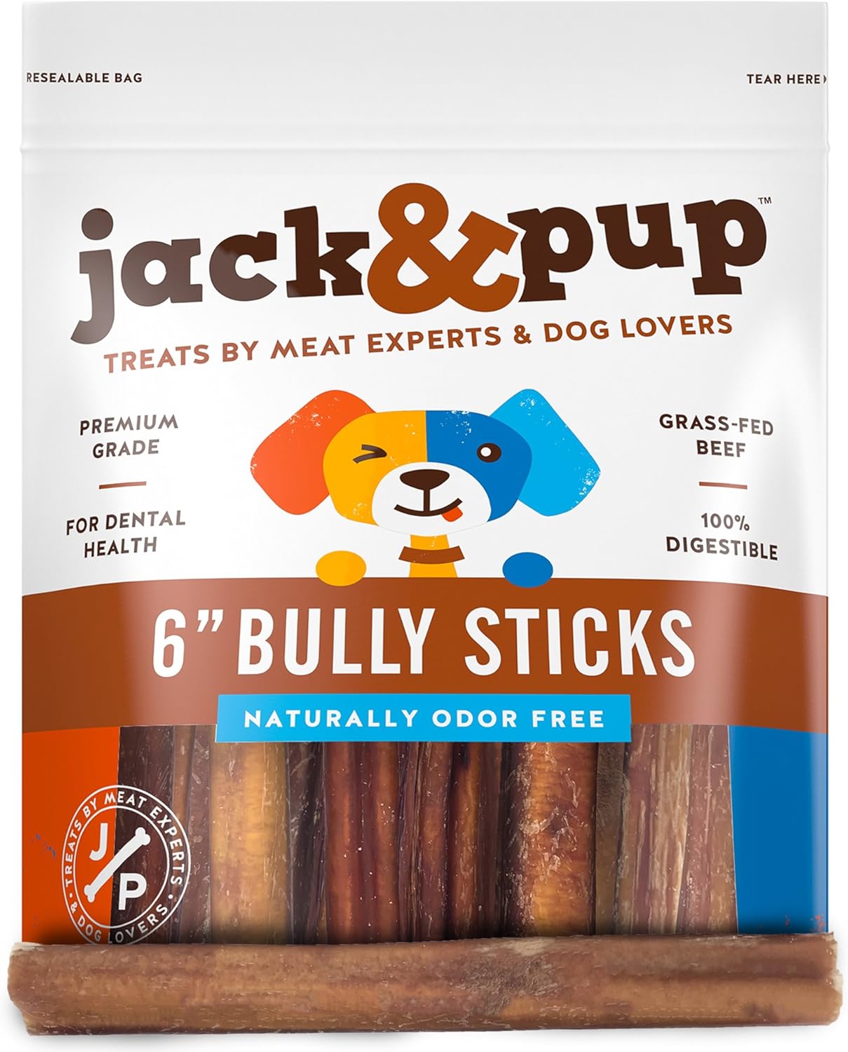 Jack&Pup 6 Inch Bully Sticks for Medium Dogs | Thick Odor Free Bully Sticks for Large Dogs | All Natural Beef Pizzle Sticks (Thick, 15 Pack)