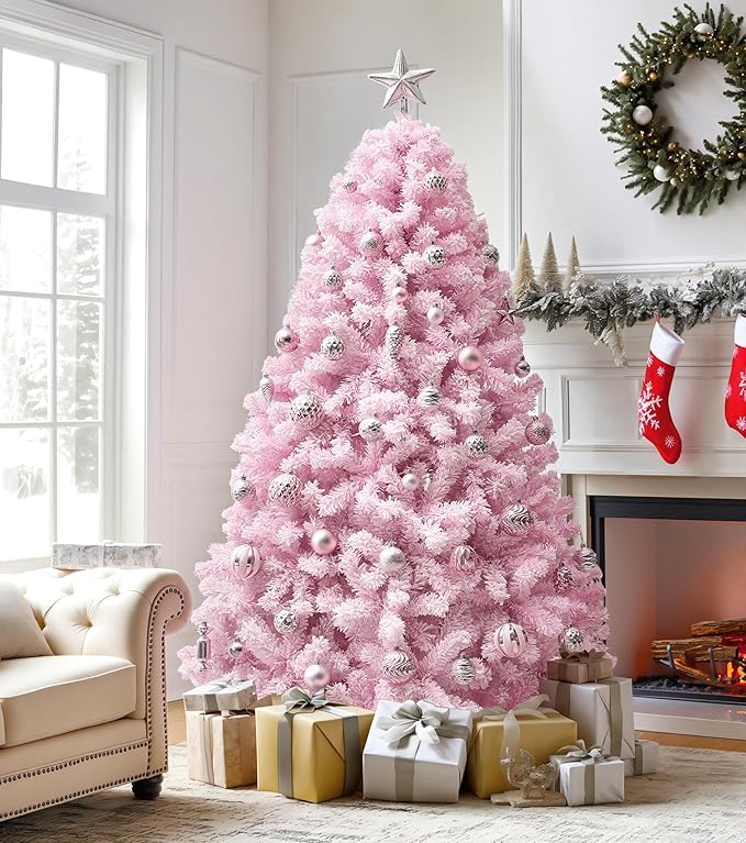 DWVO 4.5ft Pre-lit Pink Christmas Tree with Lights, Prelit Atificial Trees with 400 Tips & 200 UL Listed Lights, Automatic Branches & Easy Assembly for Home Party