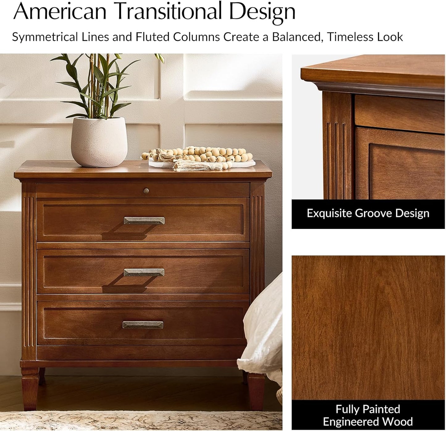 HULALA HOME Farmhouse Nightstand with Charging Station, Pull-Out Tray, 3 Drawers Nightstand with Solid Wood Legs, Wood Veneer Bedside Table with Open Shelf Set of 2, Walnut