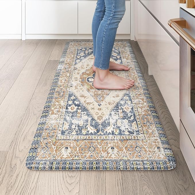 KIMODE Anti Fatigue Kitchen Mat 20"x39", Boho Vintage Kitchen Rug, Non Slip Kitchen Mats for Floor, Cushioned Kitchen Floor Mats, Standing Desk Mat for Sink, Laundry, Office, Desk Blue and Gold