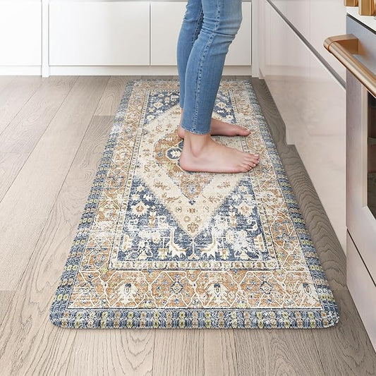 KIMODE Anti Fatigue Kitchen Mat 20"x39", Boho Vintage Kitchen Rug, Non Slip Kitchen Mats for Floor, Cushioned Kitchen Floor Mats, Standing Desk Mat for Sink, Laundry, Office, Desk Blue and Gold