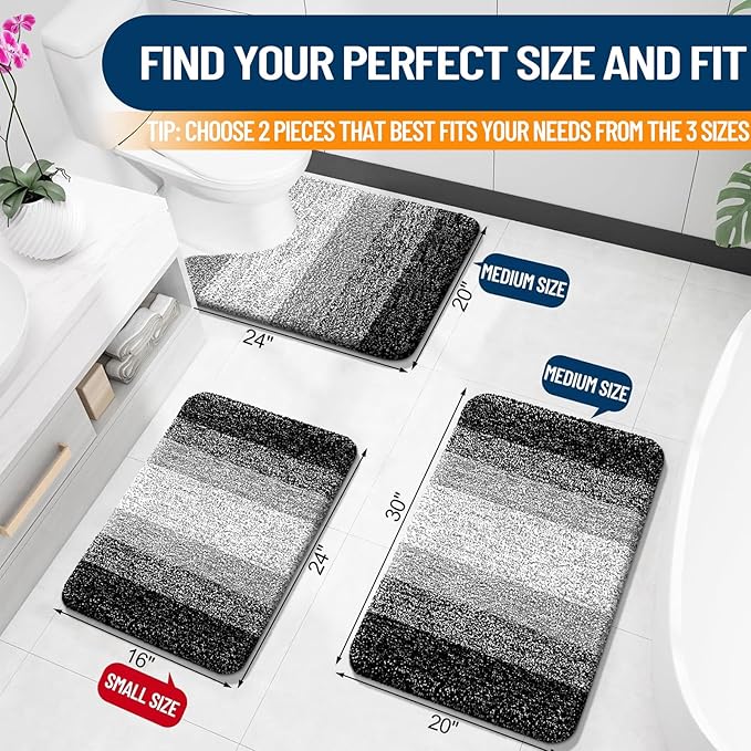 OLANLY Bathroom Rug Set 2 Piece, Soft Absorbent Microfiber Bath Mats and U-Shaped Contour Toilet Rug, Non-Slip, Machine Wash Dry, Plush Shaggy Bath Mats for Bathroom (24"x16"+24"x20", Black)